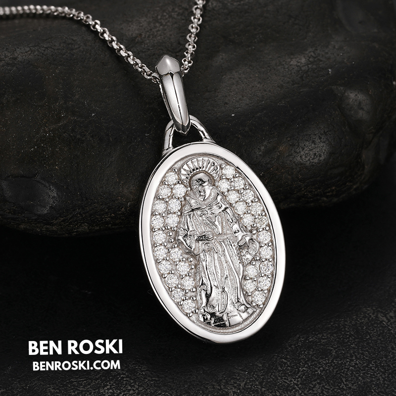 Saint Religious Oval Pendant Sterling Silver, Gold & Rose Gold | VVS Moissanite | GRA Certified