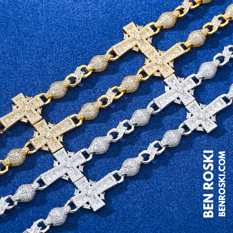 Cross Link Moissanite Necklace – 18 / 20 / 22 Inches | 14MM | 44.53g | S925 Silver, Gold & Rose Gold | GRA Certified
