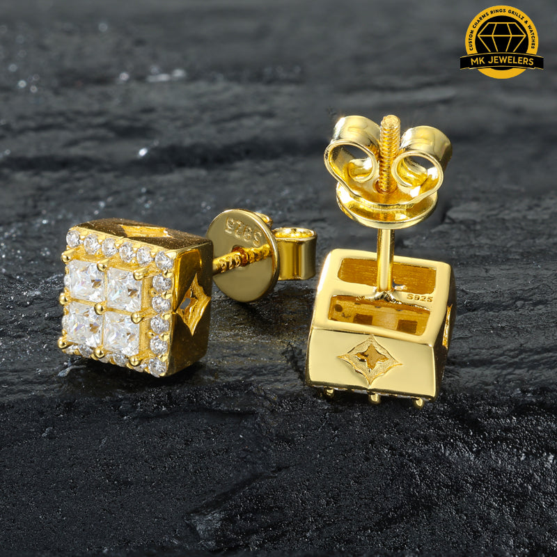 3D Square Cluster Stud Earrings – 6.5MM | 2.52g | S925 Silver or Gold Plated | VVS Moissanite | GRA Certified