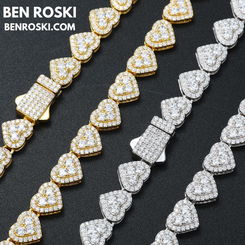 8MM Heart Moissanite Chain – 18 / 20 / 22 Inches | Silver, Gold, or Rose Gold | GRA Certified