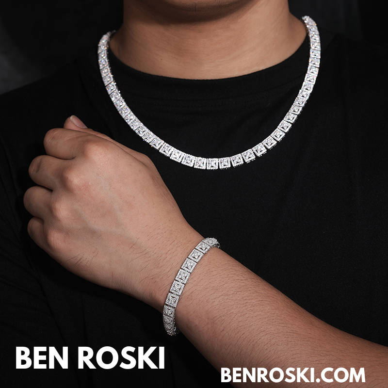 8MM Moissanite Square Link Bracelet – 7" / 8" | Silver, Gold, or Rose Gold | GRA Certified