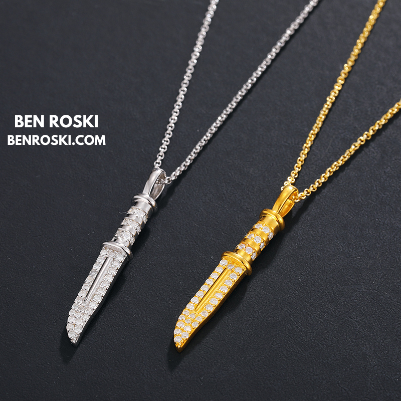 Knife Pendant Necklace Sterling Silver or Gold/Rose Gold Plated | VVS Moissanite | GRA Certified