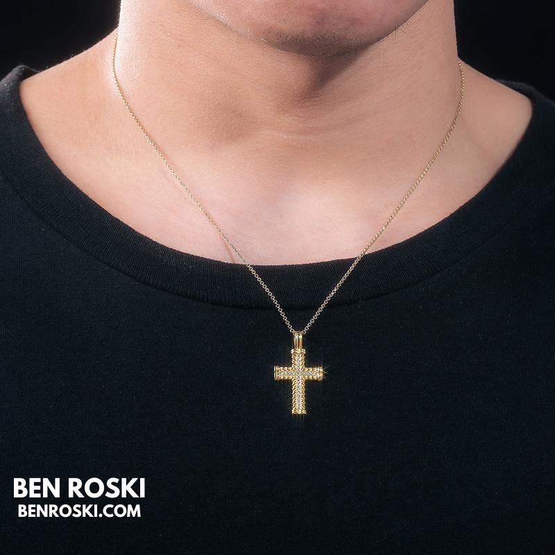 Rope-Edge Moissanite Cross Pendant Sterling Silver, Gold, or Rose Gold | VVS Moissanite | GRA Certified