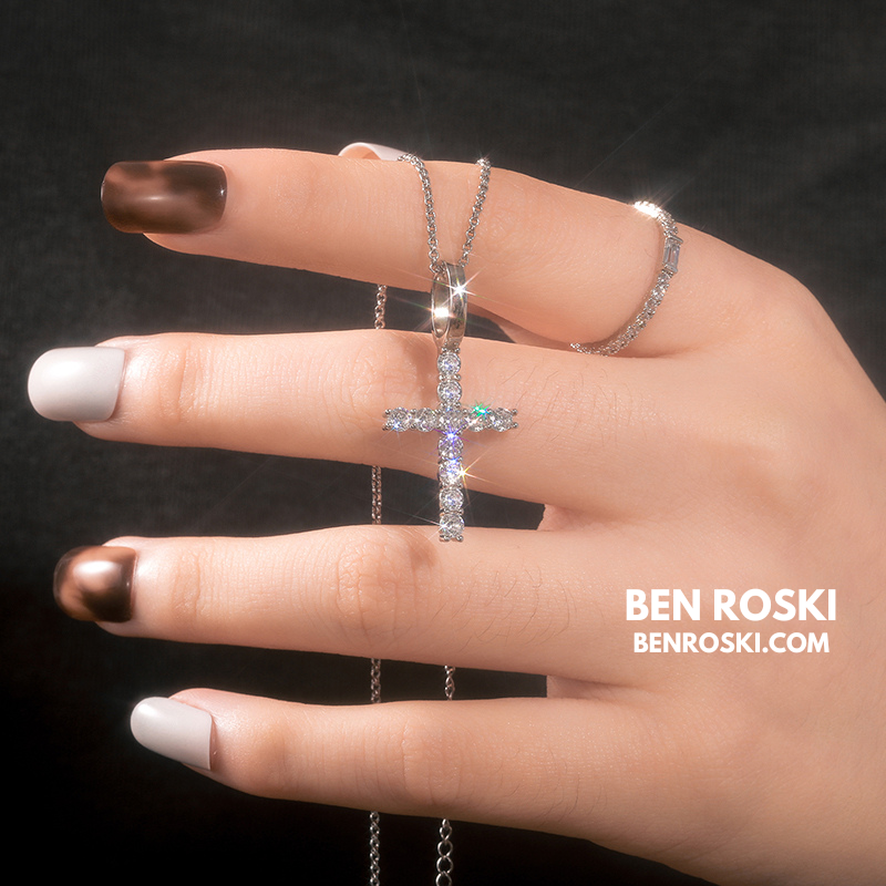Moissanite Cross Pendant Necklace Sterling Silver or Gold / Rose Gold Plated | VVS Moissanite | GRA Certified