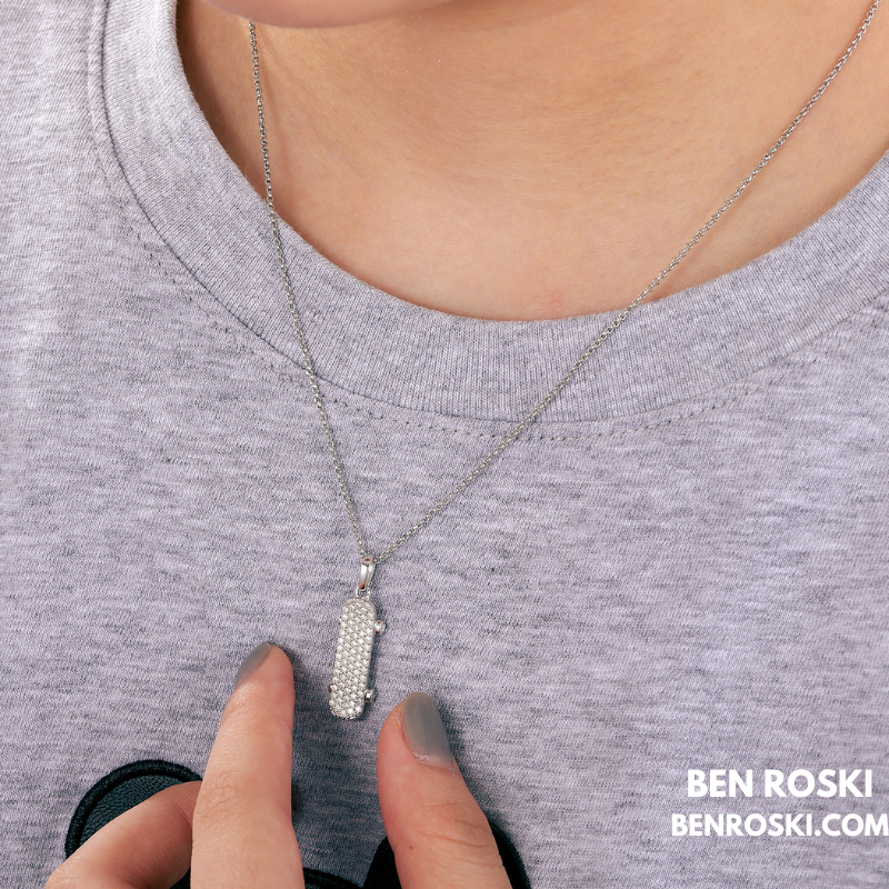 Skateboard Pendant Necklace Sterling Silver, Gold, or Rose Gold | VVS Moissanite | GRA Certified