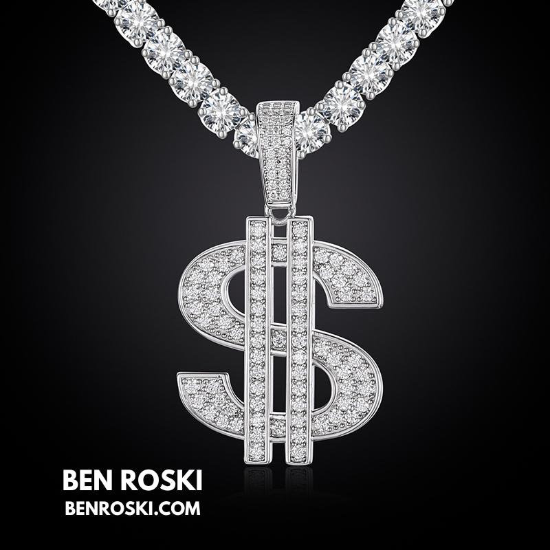 Moissanite Dollar Sign Pendant Sterling Silver or Gold/Rose Gold Plated | VVS Moissanite | GRA Certified