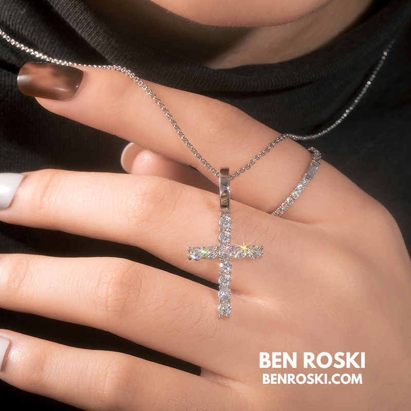 Moissanite Cross Pendant Necklace Sterling Silver or Gold / Rose Gold Plated | VVS Moissanite | GRA Certified