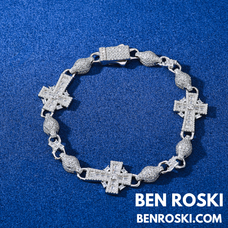 Moissanite Cross Link Bracelet – 7.5" & 8" | 14MM | 17.94g | S925 Silver, Gold, or Rose Gold | VVS Moissanite | GRA Certified