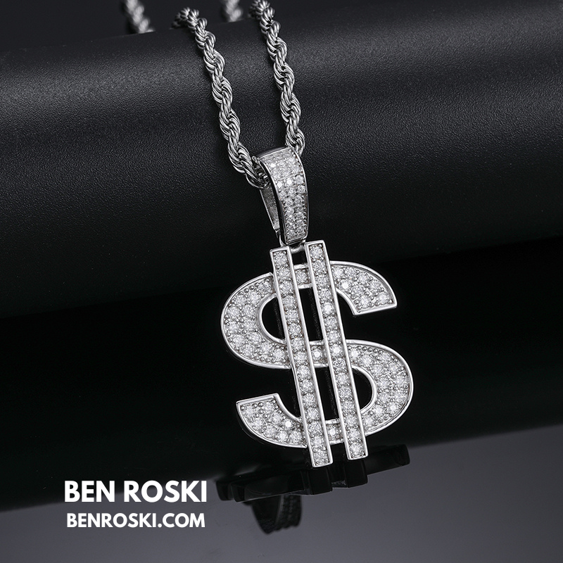 Moissanite Dollar Sign Pendant Sterling Silver or Gold/Rose Gold Plated | VVS Moissanite | GRA Certified
