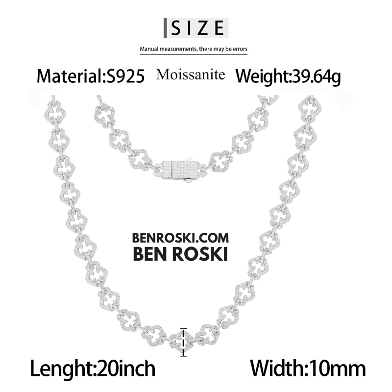 Iced-Out Clover Link Necklace – 18 / 20 / 22 Inches | 10MM | S925 Silver, Gold & Rose Gold | VVS Moissanite | GRA Certified