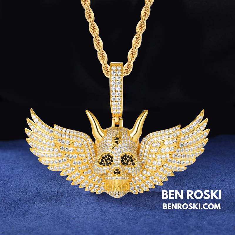 Moissanite Winged Skull Pendant Sterling Silver, Gold & Rose Gold Plated | VVS Moissanite | GRA Certified