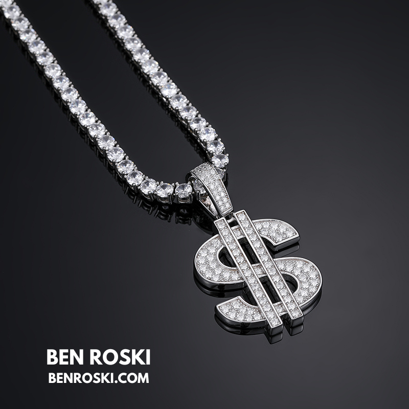 Moissanite Dollar Sign Pendant Sterling Silver or Gold/Rose Gold Plated | VVS Moissanite | GRA Certified
