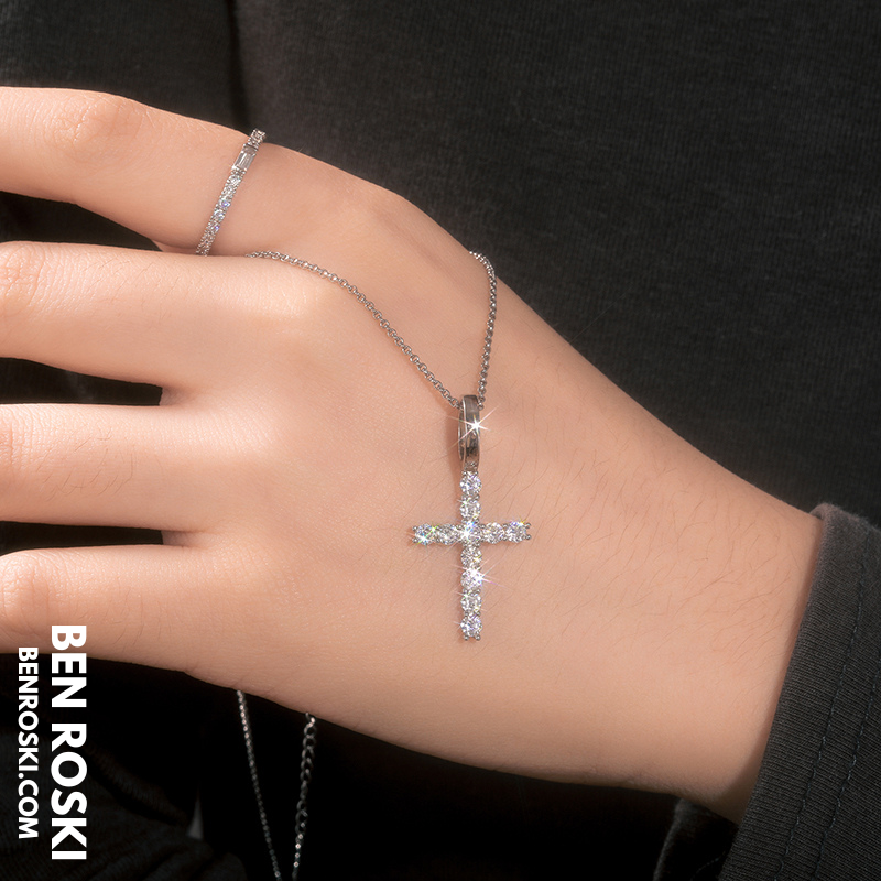 Moissanite Cross Pendant Necklace Sterling Silver or Gold / Rose Gold Plated | VVS Moissanite | GRA Certified