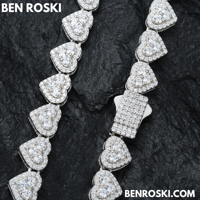 8MM Heart Moissanite Chain – 18 / 20 / 22 Inches | Silver, Gold, or Rose Gold | GRA Certified