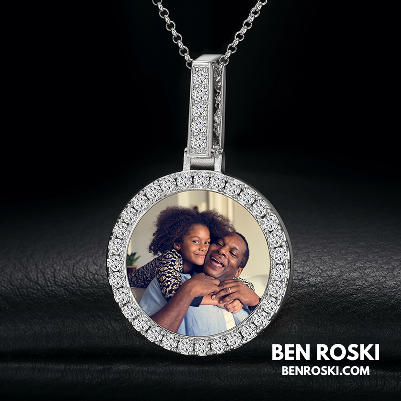 Custom Round Photo Pendant Sterling Silver, Gold & Rose Gold | VVS Moissanite | GRA Certified