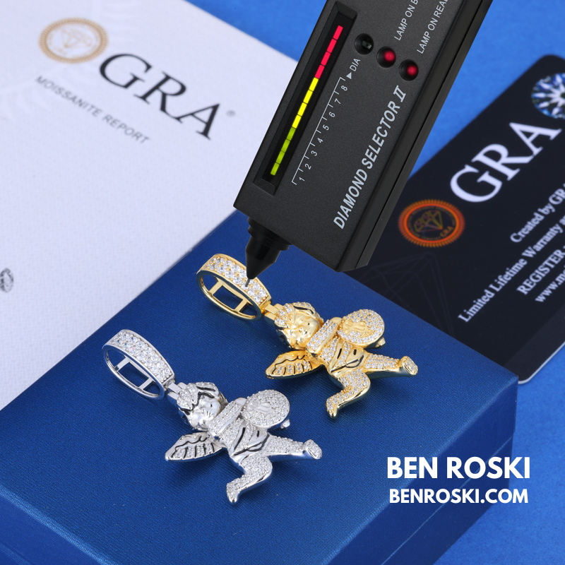 Angel Money Bag Pendant Sterling Silver or Gold & Rose Gold Plated | VVS Moissanite | GRA Certified
