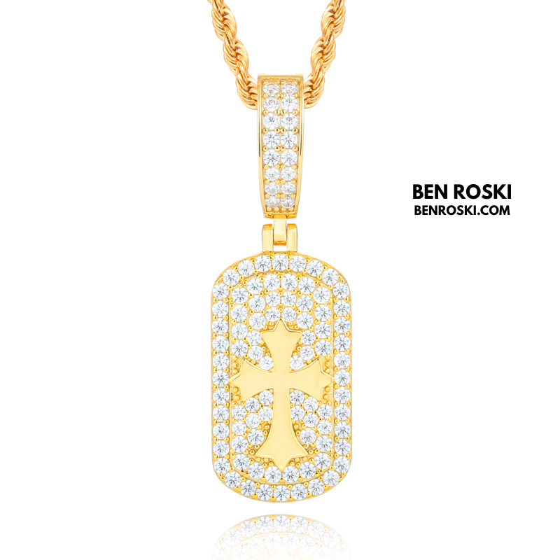 Iced Cross Dog Tag Pendant Sterling Silver, Gold & Rose Gold | VVS Moissanite | GRA Certified