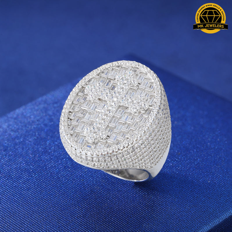 Iced Cross Oval Ring – Size 8/9/10/11 | 16.05g | 23.5MM | S925 Silver or Gold / Rose Gold Plated | VVS Moissanite | GRA Certified