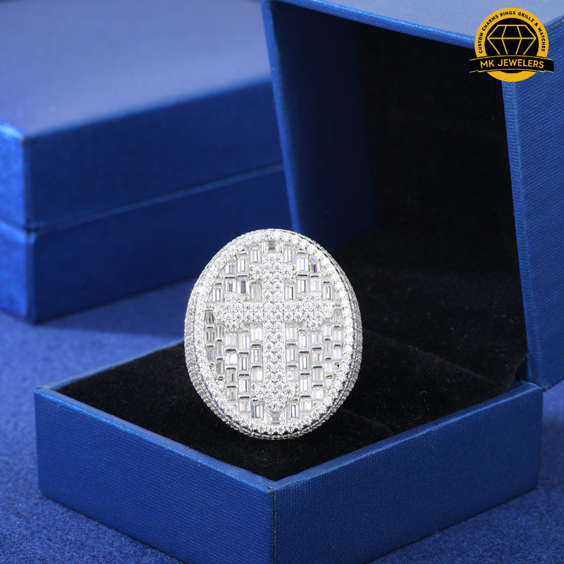 Iced Cross Oval Ring – Size 8/9/10/11 | 16.05g | 23.5MM | S925 Silver or Gold / Rose Gold Plated | VVS Moissanite | GRA Certified
