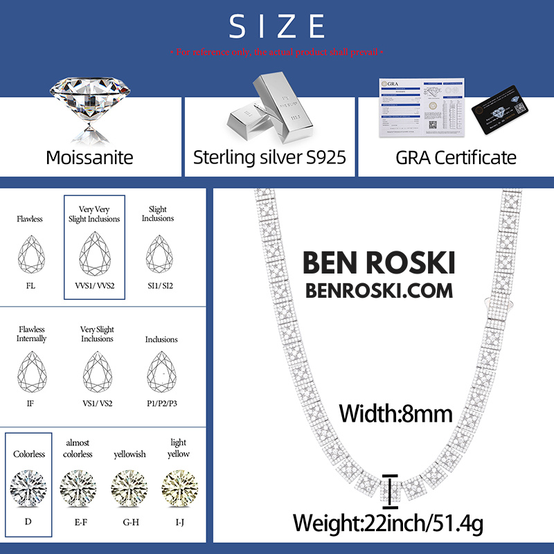 8MM Square Cluster Moissanite Chain – 18/20/22 Inch | Silver, Gold, or Rose Gold | GRA Certified