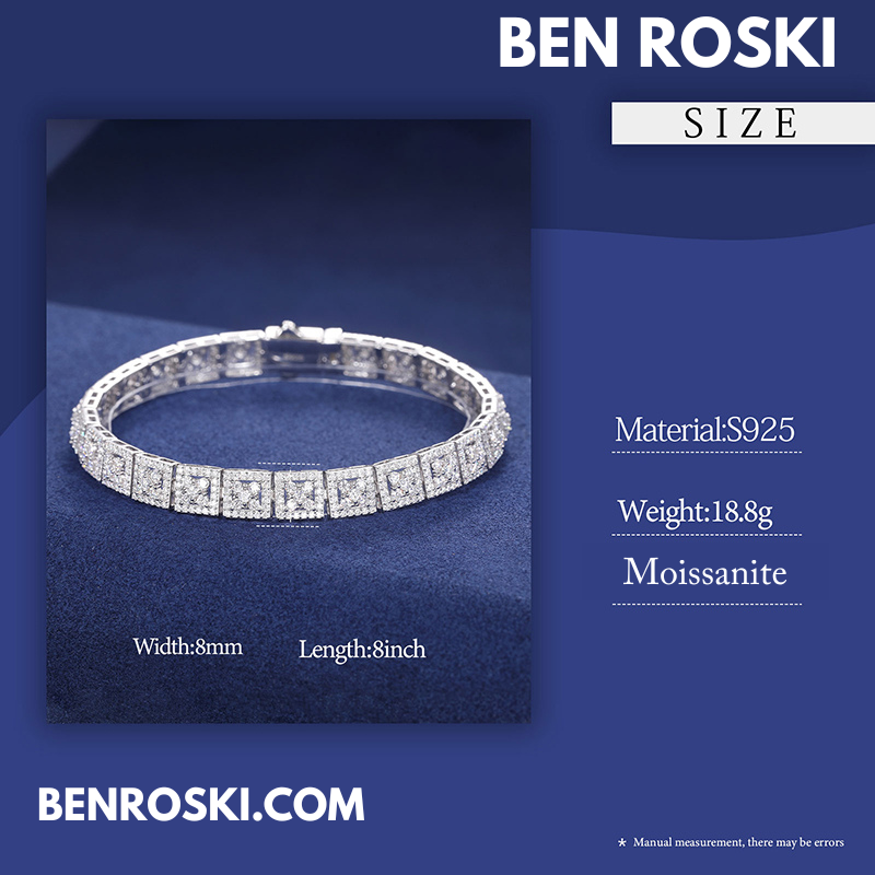 8MM Moissanite Square Link Bracelet – 7" / 8" | Silver, Gold, or Rose Gold | GRA Certified