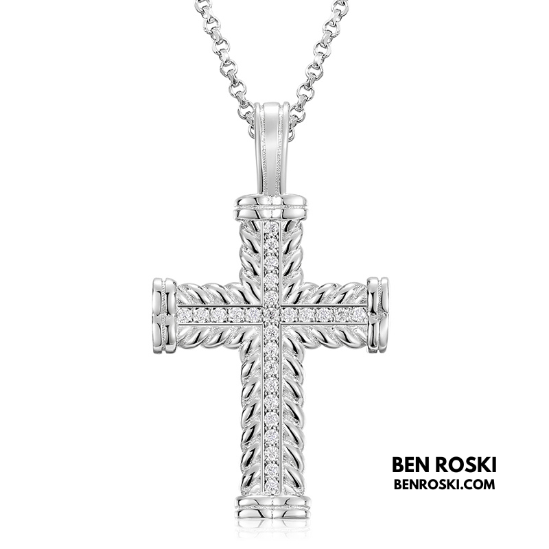 Rope-Edge Moissanite Cross Pendant Sterling Silver, Gold, or Rose Gold | VVS Moissanite | GRA Certified