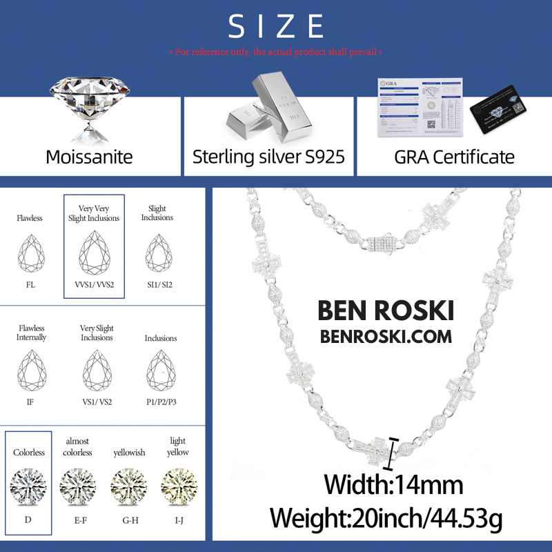 Cross Link Moissanite Necklace – 18 / 20 / 22 Inches | 14MM | 44.53g | S925 Silver, Gold & Rose Gold | GRA Certified
