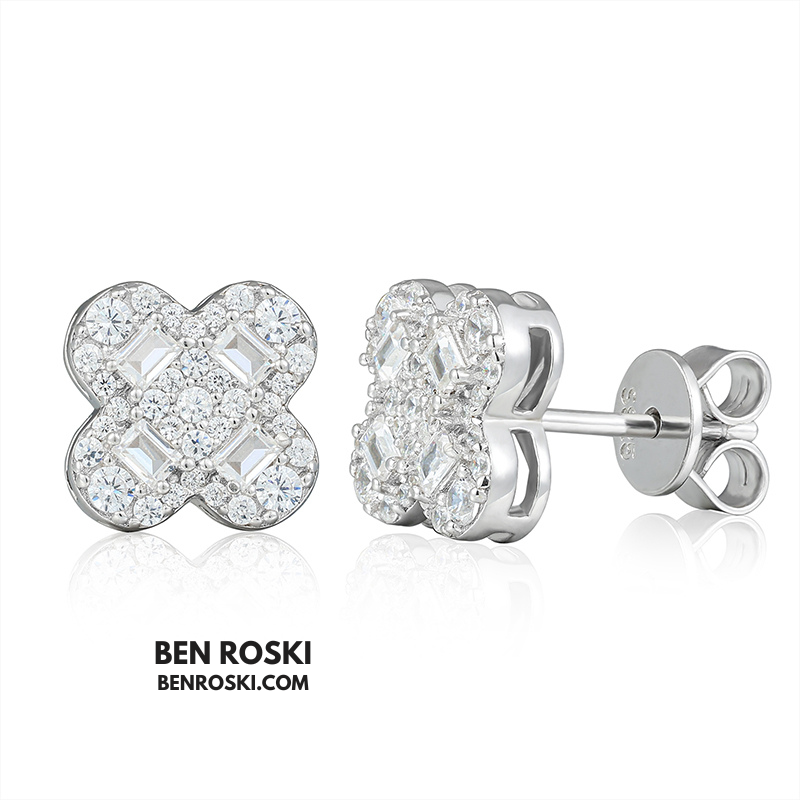 Clover Shape Stud Earrings Sterling Silver, Gold, or Rose Gold | VVS Moissanite | GRA Certified
