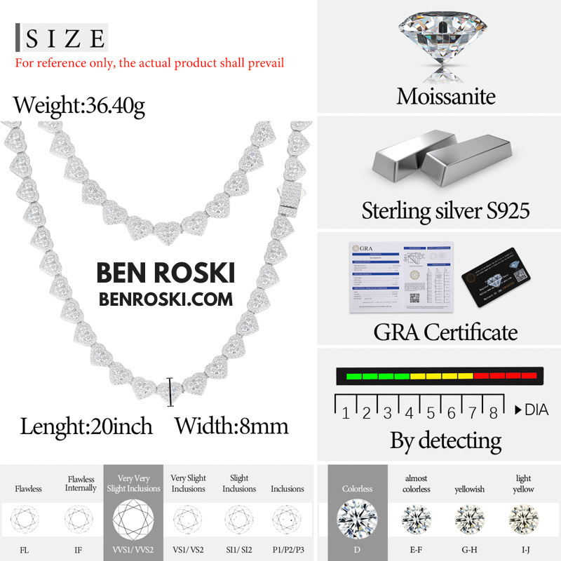 8MM Heart Moissanite Chain – 18 / 20 / 22 Inches | Silver, Gold, or Rose Gold | GRA Certified