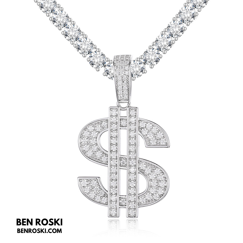 Moissanite Dollar Sign Pendant Sterling Silver or Gold/Rose Gold Plated | VVS Moissanite | GRA Certified