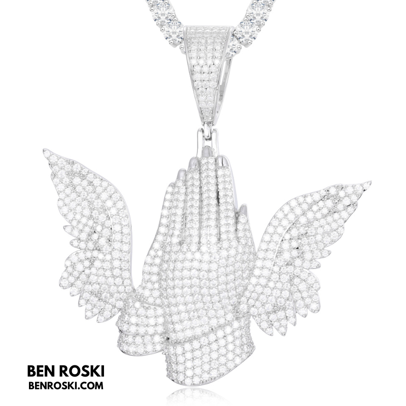Praying Hands with Wings Pendant Sterling Silver, Gold, or Rose Gold | VVS Moissanite | GRA Certified