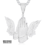 Praying Hands with Wings Pendant Sterling Silver, Gold, or Rose Gold | VVS Moissanite | GRA Certified