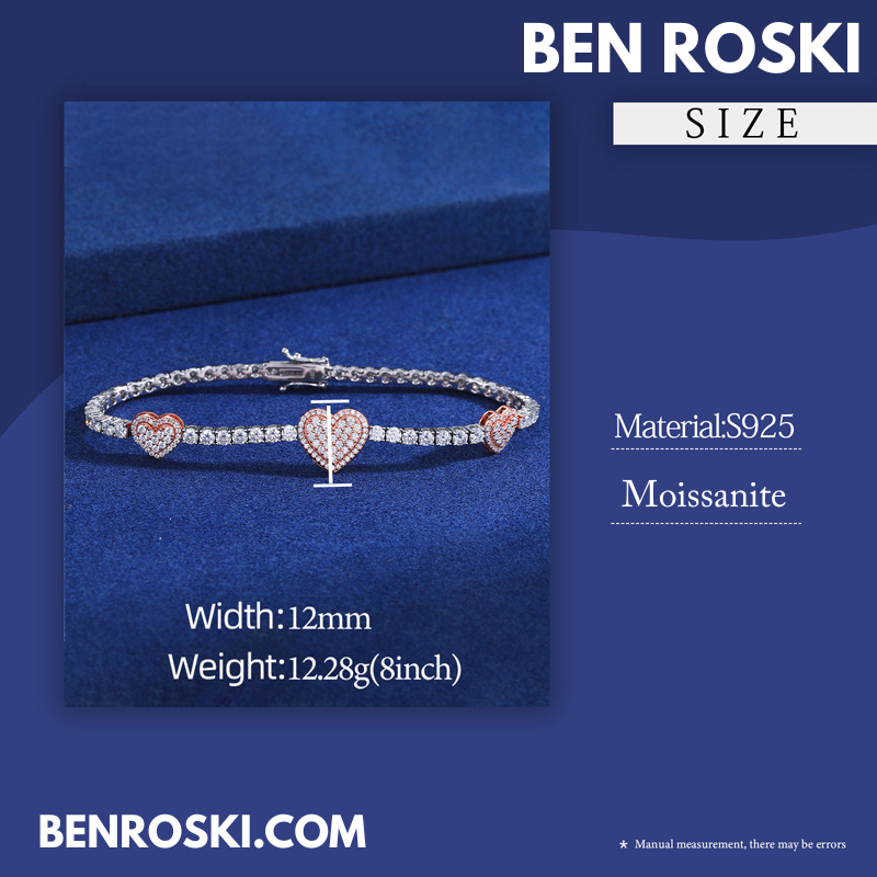 Heart Moissanite Tennis Bracelet – 12MM | 7–8 Inch | 12.28g | S925 Silver, Gold, or Rose Gold | VVS1 Moissanite | GRA Certified