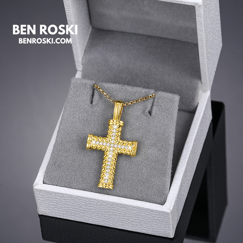 Rope-Edge Moissanite Cross Pendant Sterling Silver, Gold, or Rose Gold | VVS Moissanite | GRA Certified