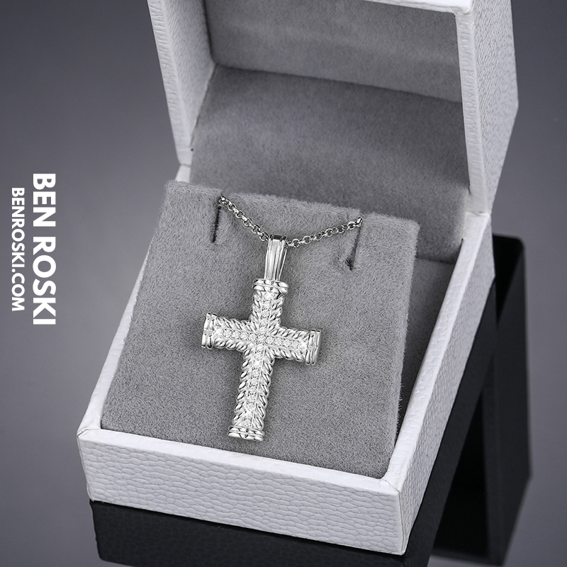 Rope-Edge Moissanite Cross Pendant Sterling Silver, Gold, or Rose Gold | VVS Moissanite | GRA Certified