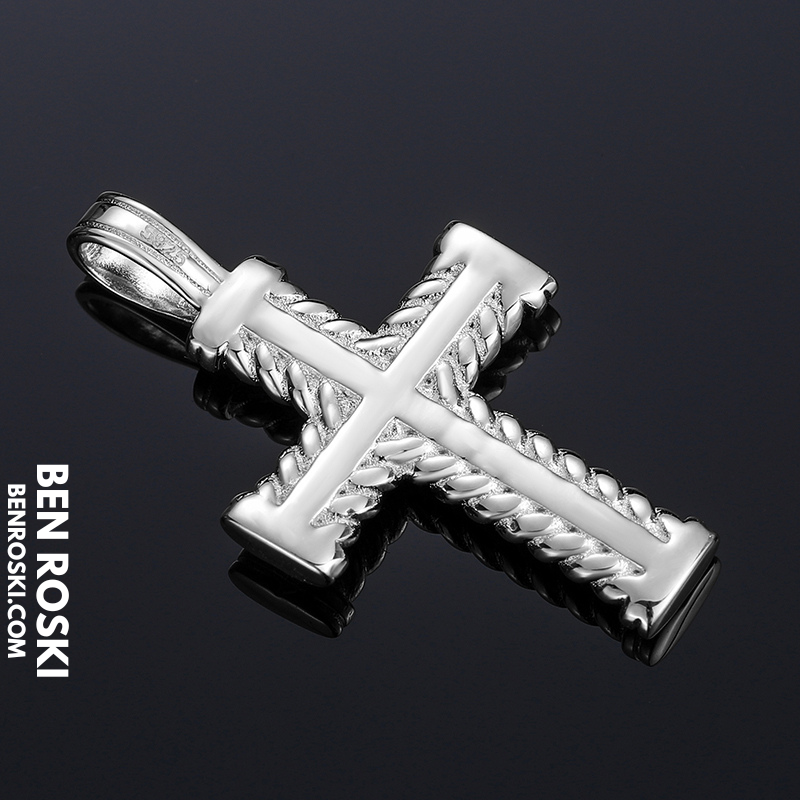 Rope-Edge Moissanite Cross Pendant Sterling Silver, Gold, or Rose Gold | VVS Moissanite | GRA Certified