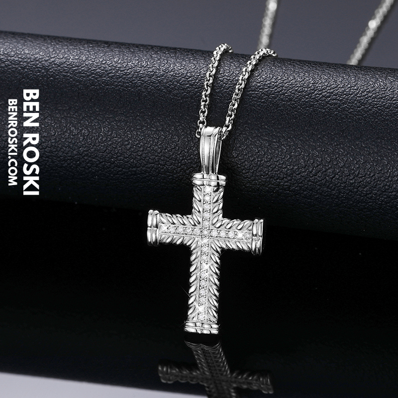 Rope-Edge Moissanite Cross Pendant Sterling Silver, Gold, or Rose Gold | VVS Moissanite | GRA Certified