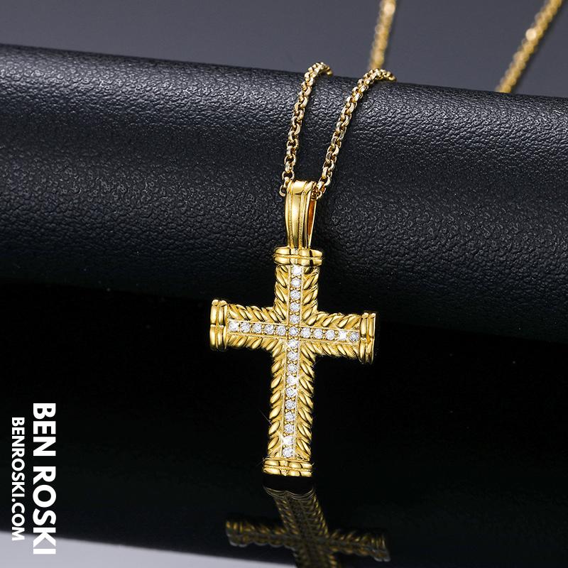 Rope-Edge Moissanite Cross Pendant Sterling Silver, Gold, or Rose Gold | VVS Moissanite | GRA Certified