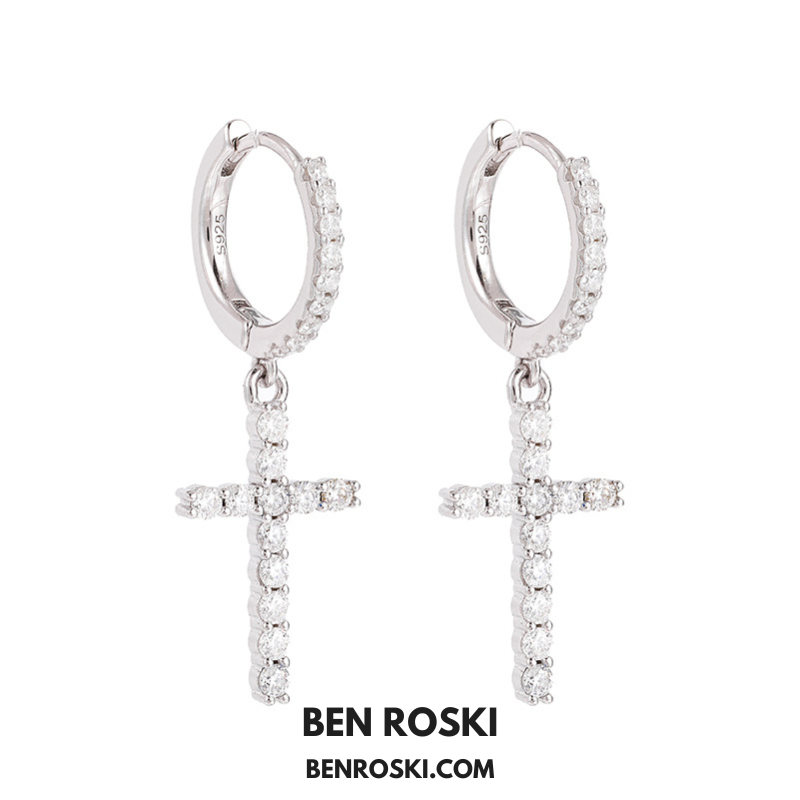 Moissanite Cross Hoop Earrings Sterling Silver, Gold, or Rose Gold | VVS Moissanite | GRA Certified