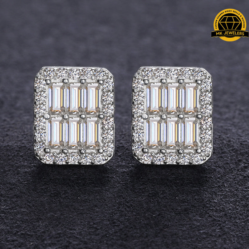Rectangular Baguette Moissanite Stud Earrings | 10mm | 2.76g | S925 Silver | GRA Certified