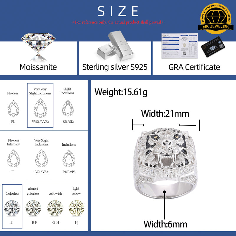 Iced-Out Tiger Head Ring – Sizes 8,9,10 &11 | 15.61g | S925 Silver, Gold & Rose Gold | VVS Moissanite | GRA Certified