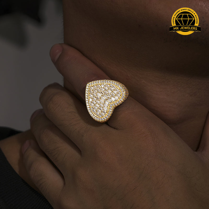 Heart Baguette Moissanite Ring – 24MM | 21.1g | S925 Silver, Gold Plated or Rose Gold | GRA Certified