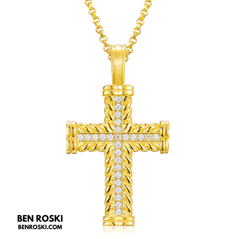 Rope-Edge Moissanite Cross Pendant Sterling Silver, Gold, or Rose Gold | VVS Moissanite | GRA Certified