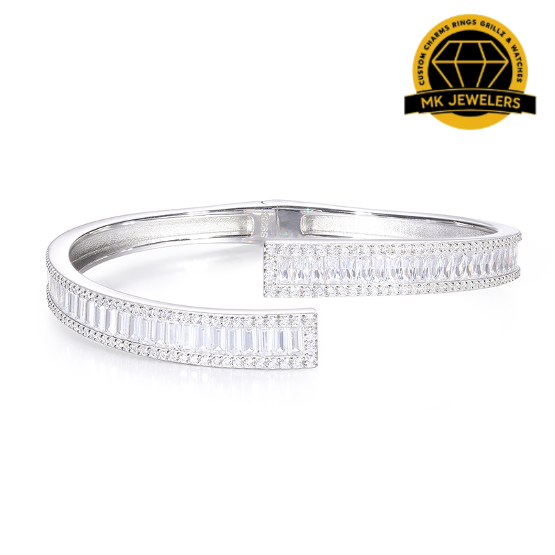8MM Moissanite Baguette Bangle – 8" | Solid 925 Sterling Silver | White or Blue Stone Options