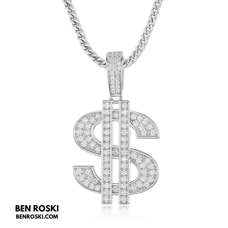 Moissanite Dollar Sign Pendant Sterling Silver or Gold/Rose Gold Plated | VVS Moissanite | GRA Certified