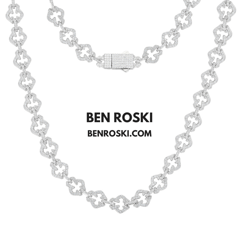 Iced-Out Clover Link Necklace – 18 / 20 / 22 Inches | 10MM | S925 Silver, Gold & Rose Gold | VVS Moissanite | GRA Certified