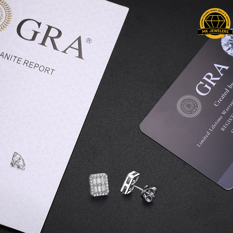 Rectangular Baguette Moissanite Stud Earrings | 10mm | 2.76g | S925 Silver | GRA Certified