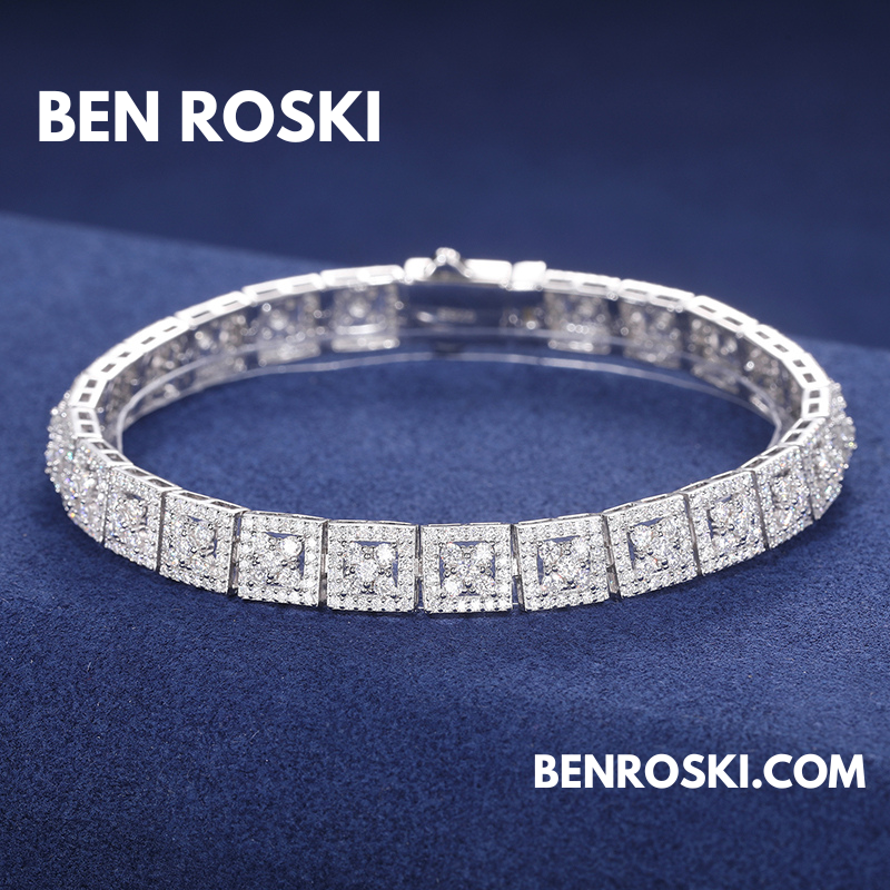 8MM Moissanite Square Link Bracelet – 7" / 8" | Silver, Gold, or Rose Gold | GRA Certified