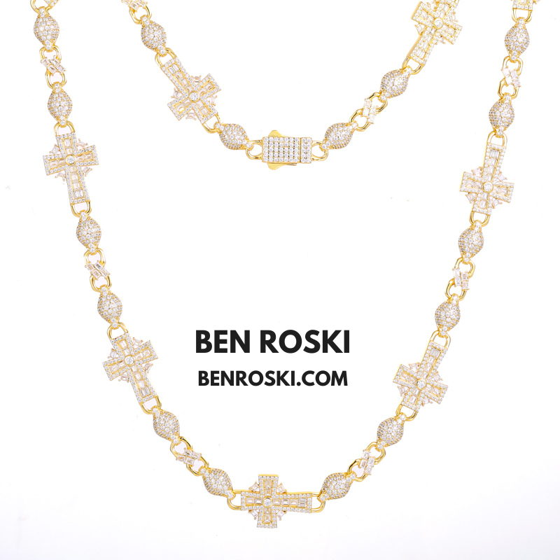 Cross Link Moissanite Necklace – 18 / 20 / 22 Inches | 14MM | 44.53g | S925 Silver, Gold & Rose Gold | GRA Certified