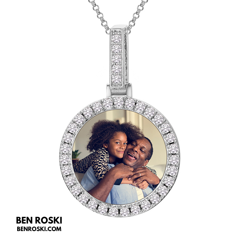 Custom Round Photo Pendant Sterling Silver, Gold & Rose Gold | VVS Moissanite | GRA Certified